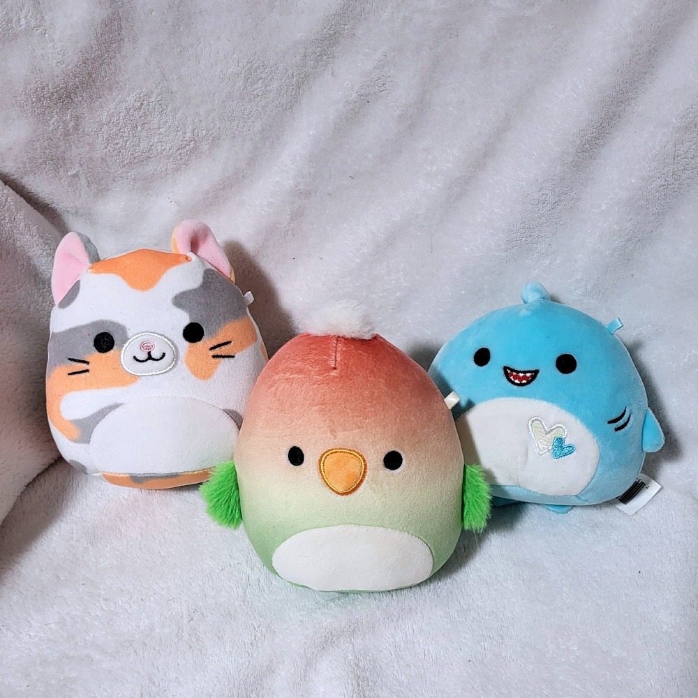 3 pc Lot Squishmallows Calico Cat Ombre Parrot Bird Blue Shark Plush Stuffed Toy